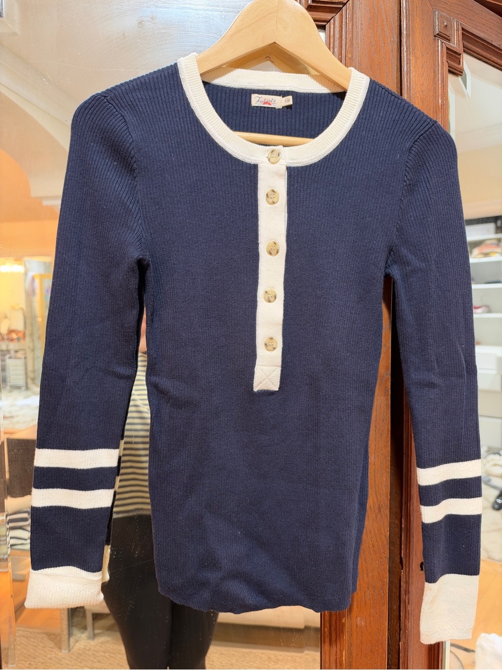 Faherty Navy Ribbed Henley with White Trim - Kids Long Sleeve - Picture 2 of 7